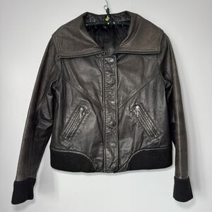 Vintage Dark Gray Funnel Neck Genuine Leather Jacket Womens Sz S Unbranded